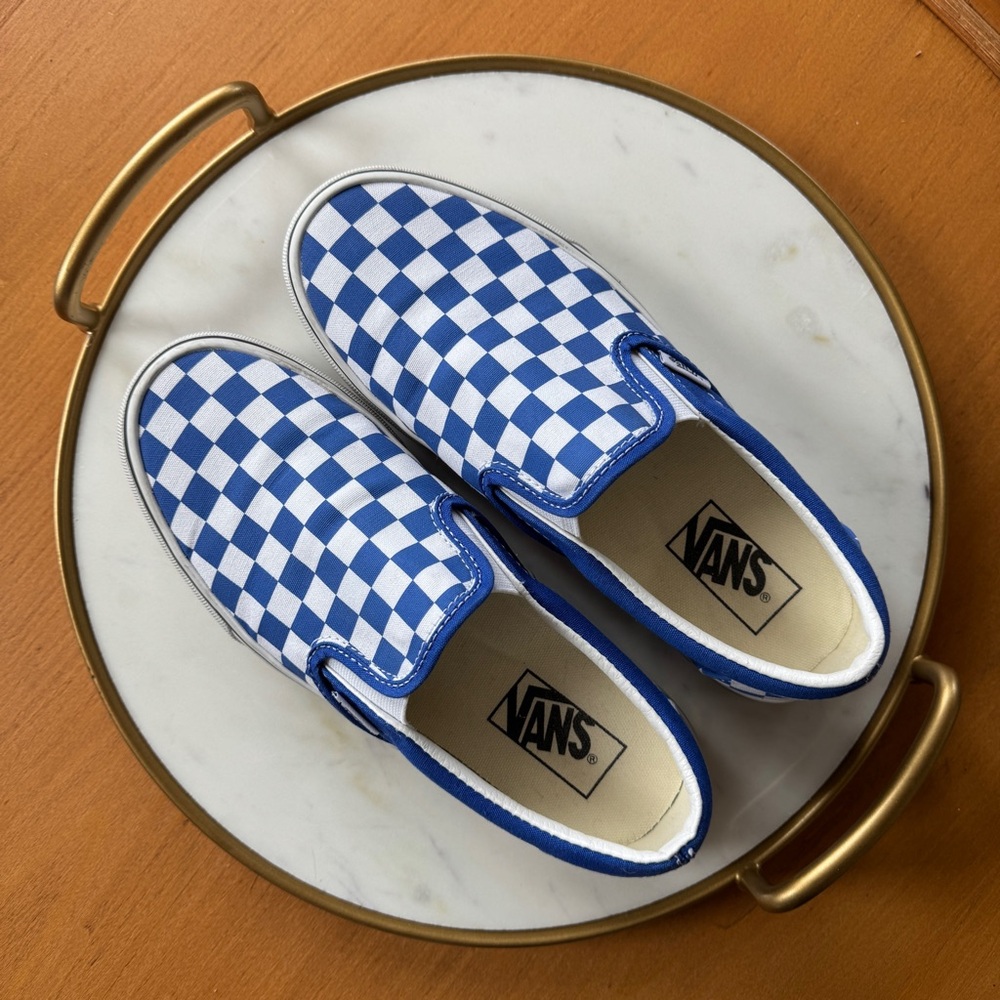 Vans Blue and White Checkered Slip Ons